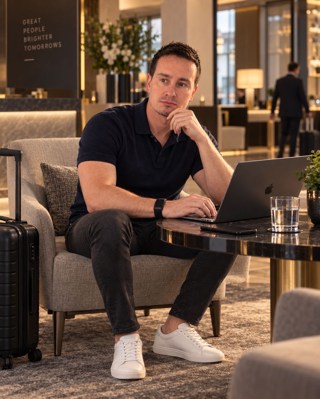 Marc Roth mit Laptop in einer Hotellobby