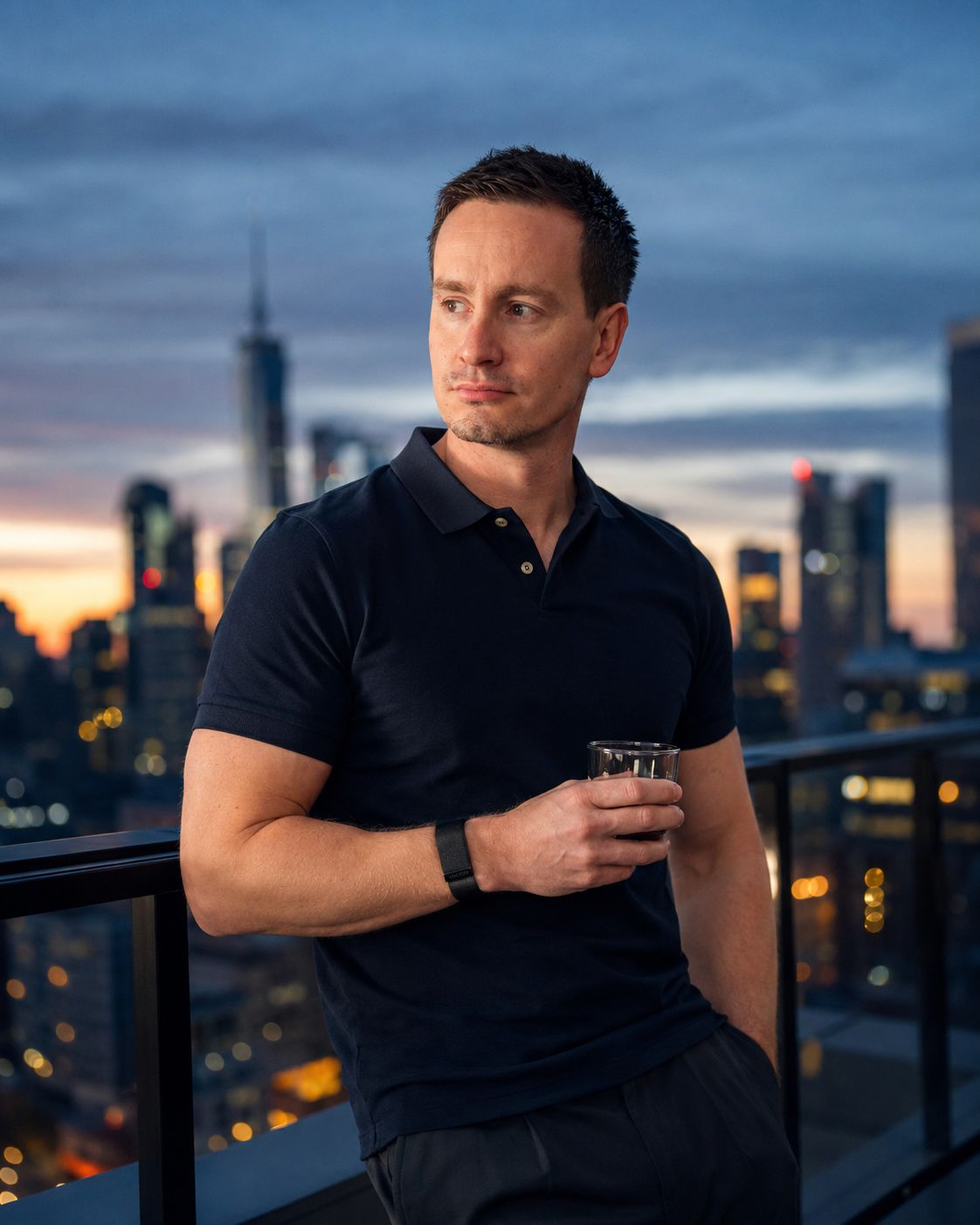 Marc Roth auf einer Dachterrasse vor der Skyline