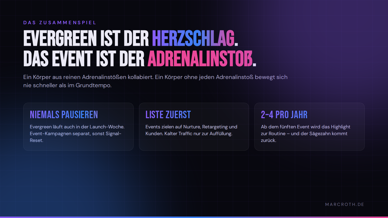 Evergreen ist der Herzschlag, das Event der Adrenalinstoß: drei Regeln